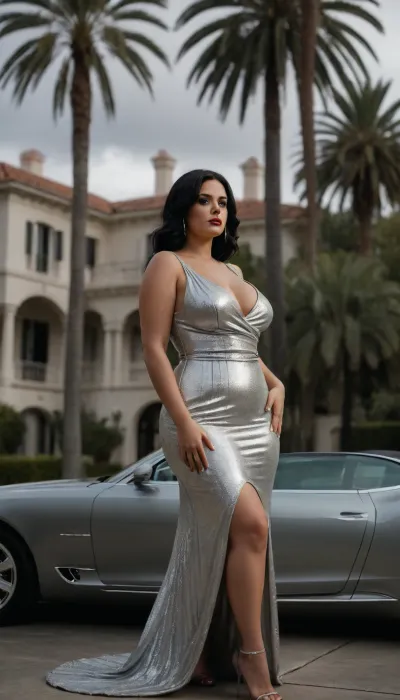 photo of a high fashion curvy woman with black hair wearing a silver glowy maxi dress, surreal, bentley, real big glow, Bel Air mansion, old money aesthetic, cloudy day, palmtree