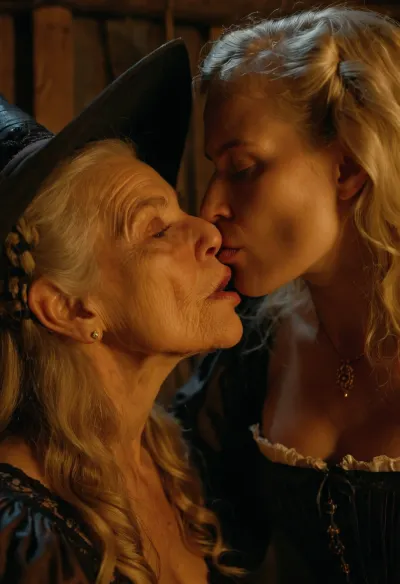 ((close-up on 80 yo old elderly mature ugly witch)), ((kissing 18 yo innocent petite blonde girl)), 18th century clothing, in witch cabin in the woods at night, UHD 8K, cinematic masterpiece, maximum quality, maximum details, realism, score 9, score 8 up, score 7 up