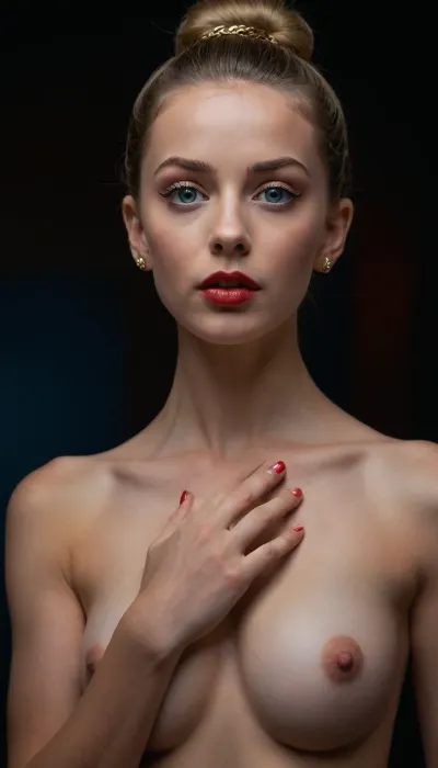 photorealistic, full body view, ultra high quality, high definition, nude naked 25-year-old ballerina, athletic, muscular, hair in bun, beautiful face, toned, arabesque, pierced nipples with big golden rings, ((fully nude)), high heel red shoes, thick labia majora, shaved pussy, no clothing, perfect eyes, beautiful blue eyes, blue nail paint, naked, nude