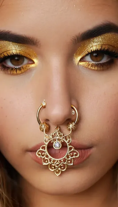 upper body, ((nose piercing ring:1.3)), lip piercing, golden makeup, (Young face, cute face), lace filigree of bright, rich color. Super clear, highly detailed, <lora:DYSG_Golden_Glitter_Lips:.5>, <lora:add-detail-xl:.5>