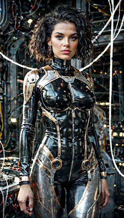 (((The image is a digital illustration of a futuristic woman in a futuristic suit. She is standing in front of a large, futuristic structure with a blue and white color scheme. The woman has long dark hair and is looking directly at the camera with a serious expression on her face.

The suit is made up of a metallic body with intricate details and patterns, including a large circular emblem in the center, which appears to be a shield or a helmet. The suit also has several arms and legs, which are covered in wires and cables. The arms are also covered in cables and wires, and the legs are also made of metal. The overall style of the suit is futuristic and futuristic, with a combination of metallic and robotic elements.
- The background of the image is white, with blue and gold accents, giving it a futuristic and sci-fi feel.)))