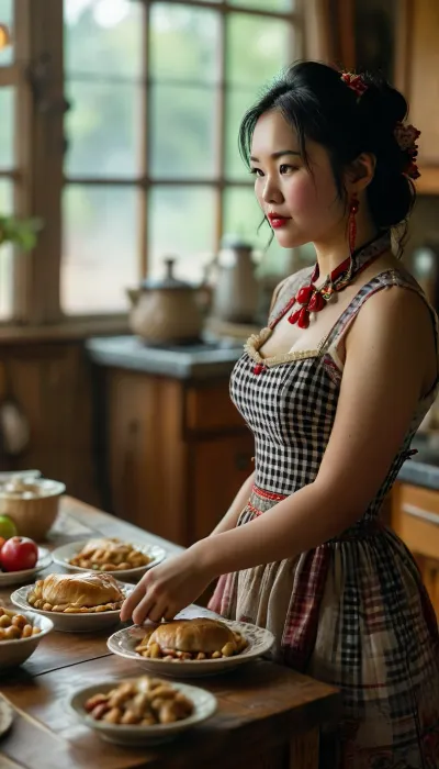 Hmong Wife, gingham dress, kitchen, serving dinner, a roast turkey, apple pie, plump lips, DDD-breasts, 5-foot-9-inches, tall, buxom, full-figured, curvaceous, <lora:MJ52:.8>