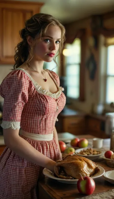 Mormon Wives, gingham dress, kitchen, serving dinner, a roast turkey, apple pie, plump lips, DDD-breasts, 5-foot-9-inches, tall, buxom, full-figured, curvaceous, <lora:MJ52:.8>