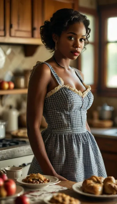 African Wife, gingham dress, kitchen, serving dinner, a roast turkey, apple pie, plump lips, DDD-breasts, 5-foot-9-inches, tall, buxom, full-figured, curvaceous, <lora:MJ52:.8>