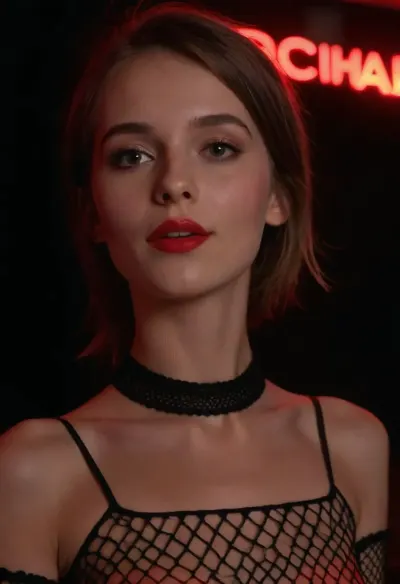 masterpiece, high def, full light, close-up portrait, (neon light above head), skinny, beautiful, sexy, cute, teasing, inviting, nasty hooker, 20 yo, arrow jaw, brown hair, (80th haircut), red lipstick, black choker, <lora:flat_chested_v3.5:.8>, fishnetdress, <lora:fishnetdress_XL_reg1_:.5>