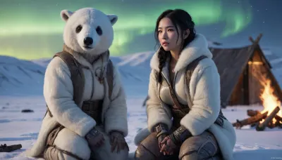 A young, beautiful, slender, short top Inuit Eskimo woman dressed in animal skins and war paint kneels in the tundra by a campfire in the tundra, a beautiful, realistic whale lies behind her in the snow, with many northern lights in the sky, cyberpunk art, retrofuturism, by Lü Ji, cgsociety 9, nezha, very beautiful cyberpunk, cyberpunk, concept art feng zhu, (UHD, 4K, 8K), perfect small breasts, perfect soft face, face closeup