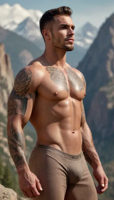 High quality, 4K, 8K, extreme details, realism, photo-realistic, HDR, UHD, professional studio lighting, extreme painting, sharp focus, physically based rendering, professional, vivid and colorful, soft focus, a young and tough man, bronze muscular body, ancient tattoos covering his body, magnificent mountain background