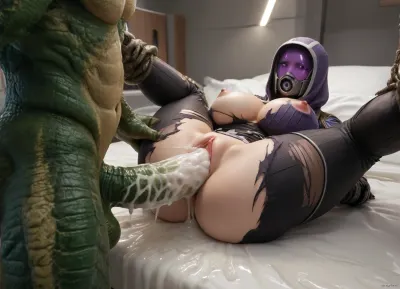 Tali'zorah vas normandy from mass effect, torn suit, mask on, large breast implants, big breasts, hyper realistic, award winning photo, she has, and a large ass, she is on her back, restrained, while being aggressively fucked by, (tall green lizardman:1.3), he has a, (large ribbed reptile cock:1.3), (his large cock is scaled), his cock stretches her pussy, detailed puffy vagina, her vagina is soaked, and squirting, (excessive cum in vagina:1.5)