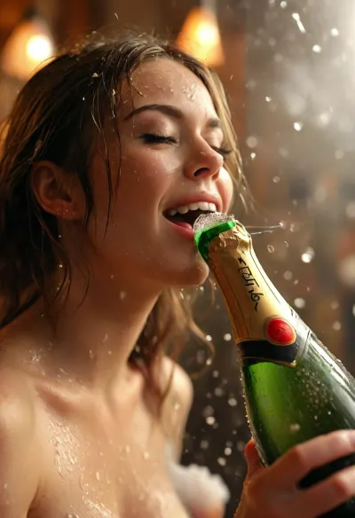 Beautiful nude stripper spraying champagne from a champagne bottle, 🍾, (((champagne spraying out of champagne bottle))), popping cork out of bottle, being spraying with champagne, bubbles and foam spraying, gushing champagne, smiling, <lora:MJ52:.8>, brown, perfecteyes, <lora:PerfectEyesXL:.8>