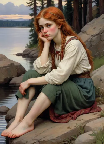 In the center of the composition of the painting by Viktor Vasnetsov "Alyonushka" is a sad Alyonushka, (with her head bowed low:1.3), sitting on a stone by the water. Her disheveled and unkempt red hair, poor clothes, and rough feet emphasize the difficult fate of the girl. Sadness and hopelessness in her dark eyes, loneliness and humility in her image.
The girl is dressed in a simple colorful sarafan, (colorful sarafan:1.4), which was worn by peasant women at that time. The torn skirt speaks of the girl's poverty, and her bare feet only confirm this. Thick chestnut hair is a little disheveled, but beautifully shades her face. A thin rope on her neck hints at the fact that the girl is wearing a cross.
The painting is done in a dark color scheme, mainly in green, gray and brown tones.
The surrounding nature corresponds to the thoughts and feelings of the orphan and empathizes with her. The gloomy autumn sky is ready to cry along with the heroine. The melancholy and hopelessness on Alyonushka's face is emphasized by the motionless nature, the dark surface of the water, sedge, stones, firs, fallen leaves, J.C., Leyendecker, Style, page, <lora:J.C. Leyendecker Style:.8>