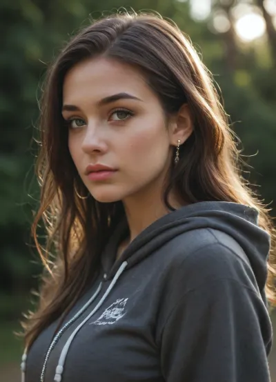 shy e-girl, long hair, hoodie, busty, hidden big boobs, fashion outfit, soft lips, flirting eyes, 30 years old, dynamic angle, sunshine, dimly lit, side view