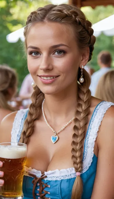((show full body)), woman, 27yo, austrian beauty, (5 feet 8 inches high), normal figure, very small breasts, (a cup), very long hair, natural blonde hair, soft tanlines, brown beautifull eyes, light pink painted nails, pearl earrings, necklace, soft makeup, in traditional blue austrian dirndl dress, totally laughs crazy, perfect eyes, detailed skin, cinematic, artful braided hair, fairground, drinks beer in the beer garden, gingerbread heart around the neck, sitting