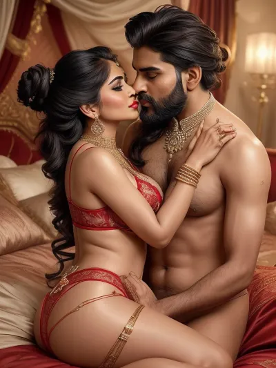 A hyper-realistic image of a glamorous Indian couple on a bed in an intimate pose. The woman is wearing a red embellished lingerie set with traditional Indian jewelry including a maang tikka, necklace, bangles, and earrings. Her makeup is bold and elegant, and her hair is styled in an ornate updo. The man has a mature appearance with grey hair and a beard, gently embracing and kissing her. The scene is softly lit, set in a modern bedroom with a romantic, luxurious vibe.” cinematic.", view alutrawide angle, wide angle, full extra wide angle, full portrait, 4k details, extra detail, soft hands, sober face