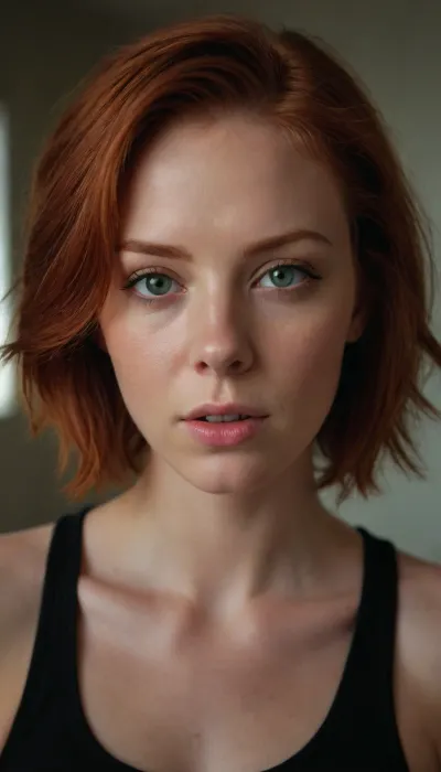 (long photograph), of a woman, ((redhead with short hair, pretty green eyes)), 25 years old, penetrating gaze, detailed skin, pretty, wearing a tight black tank top, long ripped and tight black pants, sneakers black converse, natural light, studio light, golden hour, photoshoot, DSLR, 64K, UHD, HDR, (masterpiece), cover, intricate details, ((high quality)), highly detailed, (cover), hyper-realistic, sexy girl, Extremely Realistic, Sexy Girl