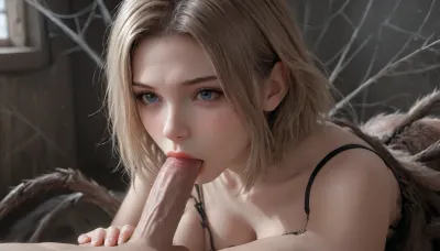 Creature, (drider), arachnid woman hybrid, spider lower body, large breasts, covered ass, giving blowjob to standing human male, (1 man), man is wrapped in spider webs, smaller male, perfect penis, smaller penis, masterpiece, best quality, highly detailed, 4r4chn1d, <lora:4r4chn1dXL:.8>