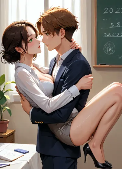 masterpiece, best quality, highly detailed, (anime:1.2), BREAK, (sideview, male college student is carrying female teacher in his arms, her arm around him as she is lying in his arms:1.4), ((a gorgeous 35 year old mature white female teacher being carried by male college student, she is held by his arms, couple)), (she looks lovingly at male college student as he carries her in his arms:1.2), (natural D cup breasts), wet shaved pussy, slim, athletic, gymnast body, (brown hair:1.1), (green eyes), (blushing), (she is wearing a black blazer, black pleated skirt, high heels, white blouse unbuttoned with her breasts exposed:1), (teacher is pregnant), (in a bedroom:1.2), <lora:Animated_Concept:1>