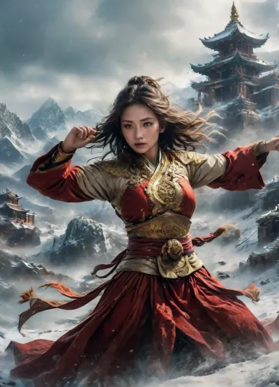 Las artes marciales nevadas de Xuer: una obra maestra de prendas fluidas y arquitectura tibetana en medio de la blizzard