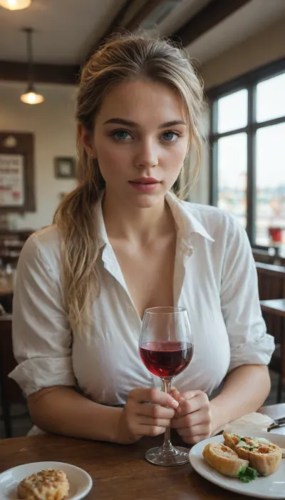 (score_9, score_8_up, score_7_up, UHD 8K, masterpiece, best quality, maximum details, natural light, extreme realism, cinematic still), (cute 19 years old caucasian girl), (blonde hair), (long hair), (messy ponytail), (blue eyes), (lean, fit), (moaning), (natural big breasts), (Hourglass figure), (tall), (in romantic restaurant:2.5), (Luxury restaurant), (romantic date look), (romantic date pov), (looking at viewer), (medium steak, and Potato wedges), (red wine glass on the table)