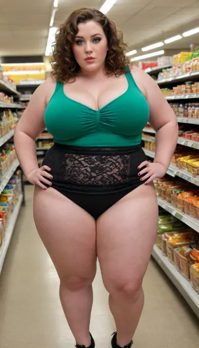 Incredibly fat chubby fat woman with huge boobs wearing tight street clothes with wild dark curly hair, fully clothed in the checkout line in a grocery store, skirt and blouse, ssbbw, morbidly obese, massive fake breasts, giant breast implants, ginormous 42 xxx cup breasts, massive breasts straining the fabric of her top, finely detail, highres, super realistic, extreme realism, best quality, ultra-detailed, masterpiece, wide angle full bedroom shot, focus, woman, with, edgOrgasm_face, humongous hips, Incredibly fat chubby fat woman with huge boobs and a big fat butt, ((plus size)), big lovehandles, chubby big belly, orgasm face, (vivid green eyes), perfect face details, influencer, fat pawg, extremely overweight, weighs weighs 450lbs., heavyset, hyperass, plump, wide, hips, thick, thighs, igbaddie, xlgirls, large, breasts, big, boobs, huge, tits, Atomictits