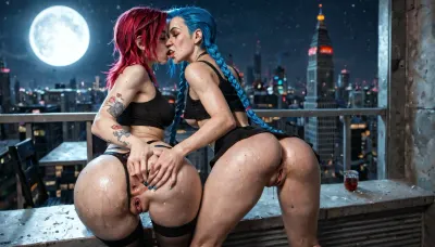 high quality, highly detailed, (futuristic city), 2 women, lesbian sex, ((Jinx from Arcane), and, (Vi from Arcane), eyes closed, mischievous facial expression, black thong, labia pushing on thong), sitting side by side, rubbing butt cheeks, passionately kissing, drool from mouth, rubbing ass cheek, grabbing ass, spreading ass, rubbing anus, finger anus, two finger in anus, anal masturbation, fingers spreading anus, pulling thong, on the edge of a skyrise tower roof, legs dangling over the edge, facing away, at night, bright full moon, upskirt, perfect pussy, wet pussy, very plump round ass, wide ass, thin waist, perky fake tits, underboob, sweaty skin, view from back, score 9, cinematic masterpiece