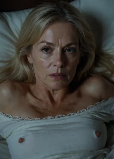 60 years old very petite woman, old shaggy breasts very White skin, very old skin, ((High detailed skin)), photographed at night with flash from above, real orgasm face, Wide open eyes, voluminous straight blonde hair, lying down over the best, face in the foreground, on the dirty bed night, very dark ambient