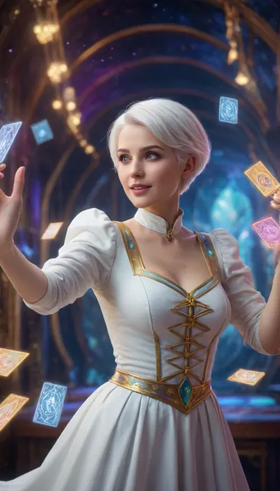 3D high-definition 8k image quality. 4k special effects, a lively and cheerful charming woman with short white hair, alchemist costume, arms open with neon multi-color glimmering tarot cards, (special effects polymerization reaction light), super gorgeous flying, the overall ethereal fantasy space. 3D Rendering