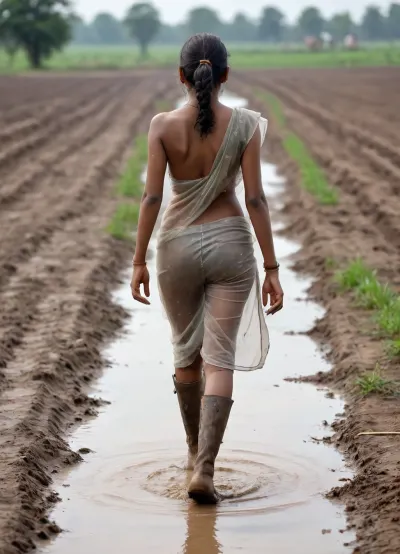Indian young village girl wearing poor transparent saree and walking in farm show her back side her but glossy and shines and wearing big boots, mud dirt on her body, and she wet, portrait view wide angle, show her full back body, she