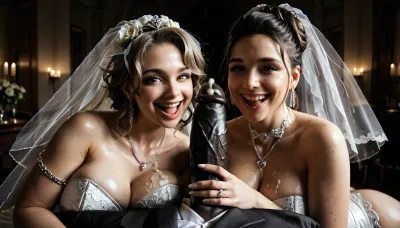 interracial, pov of black penis, (((1white cuckold husband in suit is behind the bride hugging the bride he is happy and look at the camera1.5))), very large black penis, The happy chubby white bride with dirty blonde hair in sexy wedding dress, cum driping bride's chain' cum driping from black penis, drinking sperm from transparent glass cup, there is glossy and sticky sperm in cup, cup full of sperm, cum swallowing, ((gokkun)), cum dripping from the corners of her lips, The woman holds the cup under the black cock., happy, <lora:671410_training_data:.4>, <lora:dark:.5>, <lora:677862_training_data:.8>, <lora:happy_v2:1>