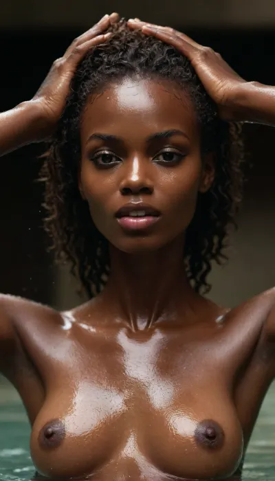 beautiful, very dark skin, skinny 23 year old, (African top model:1.5), completely naked, no shirt, girl rides caucasian white cock, reverse cowgirl, hands in the air, natural curly hair, perfect perky teardrop breasts, (wet skin:1.5), oiled skin, water dripping on body, mouth open, moaning with intense orgasmic pleasure, in the spa