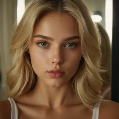 draw a stunning blonde girl 18 years old with fit figure, sexy lips, green eyes, very detailed face, pretty, beautiful, she is making selfie in front of mirror