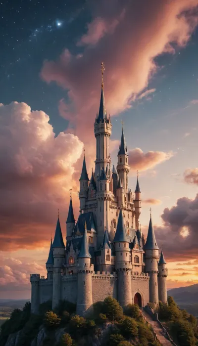 sky, clouds, sunset, stars, spirit, heavenly castle