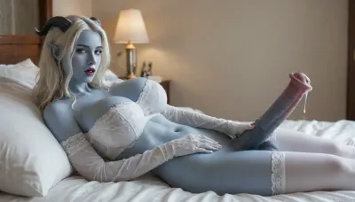 high detailed, 1futanari, solo, beautiful model, pretty young face, big blue eyes, purple lips, elf ears, model body, (extremely blue skin:1.5), draenei horns, (luscious long wavy white hair:1.2), huge breasts, (extremely black horse-penis:1.4), (white stockings:1.2), white gloves, (white stocking sleeves:1.2), facing viewer, masterpiece, soft lighting, best shadows, indoor, bedroom, lying in bed on her back, holding penis, cumming, ejaculation, (cum flowing down penis:1.7), open mouth, very detailed, best quality, erect-futa, erect-penis, wet-penis, testicles, erection