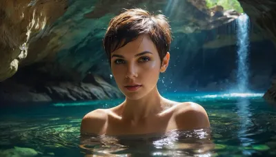 Gorgeous cave. Giant and intricate details. Glistening glowing pools of magical water. Bioluminescent crystals clinging to the cave walls. Garmash. Wlop. Guweiz. Oil paint strokes. Surreal. Outlines. Vivid and surreal crystals and magical water. 2 Nude +18 years pretty girl, wet skin, wet body, black wet hair, (((pixie haircut))), swimming, Photorealistic.