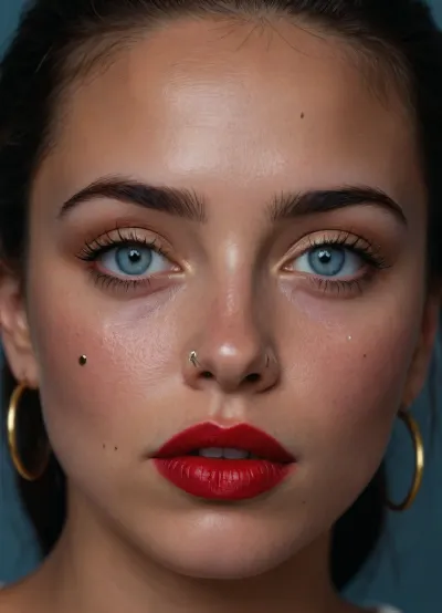 A close-up portrait of a woman with piercing light blue eyes, tanned skin, and natural freckles. She has dark, thick eyebrows, long lashes, and wears a soft red lipstick. A small gold crescent moon nose ring adorns her nose. She is making a pout with her lips, emphasizing her cheekbones. A blue star sticker is placed on her left cheek. Her dark hair slightly frames her face. High-definition, realistic lighting, beauty influencer style.