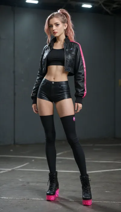 A confident Korean young woman with sleek silver-pink hair tied in a high ponytail stands on a glossy, glowing runway. She wears a cropped iridescent jacket over a black mesh bodysuit, paired with high-waisted vinyl shorts and tall white platform boots. Her hand is raised in greeting, and behind her, concentric neon rings swirl in motion against a backdrop of pulsating light and futuristic panels.