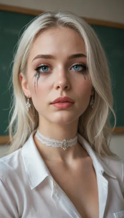 ((slutty makeup:1.4)), ((((pokies)))), white hair, 25yo chunky teacher, at blackboard in classroom, humiliated, embarrassed, white school blouse, most beautiful eyes, amateur female model, beautiful, natural body, 4k epic detail, epic, score_9, score_8_up, score_7_up, rating, explicit, best quality, ultra-detailed, masterpiece, finely detail, highres, 8k wallpaper, intricate, highly detailed, insanely detailed, best lighting, perfect illumination, blue eyes, white choker, closeup view, shy