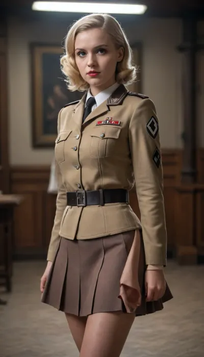 nazist uniform, blonde girl, full body handjob, cum on skirt