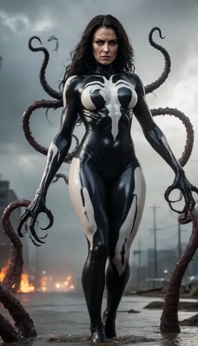 (warm ambient light:.5), (shadows:.4), RAW image, Canon EOS R3, DSLR photo, 8k, best quality, (masterpiece:1.1), (realistic, photo-realistic:1.2), ultra high res, ((she venom), (alien symbiote, woman merging with white venom symbiote), (body covered with a white symbiote, spider on chest)), ((muscular), tall, big, Muscles, (big and muscular)), backlight, mutating, (60 year old curvy brunette woman, black hair), (mature), (dark black hair), (multi arms), (she has four arms), (four arms), (many arms), (in a battlefield), (wet hairs), (dark eyes), (mutant hands), (tentacles instead of arms), (she has tentacles arms), (monstrous hands), claws, huge claws, (blood eyes), (tentacles), (giants tentacles), (monster tentacles), (standing on her toes), (she is fighting tentacles), (fight), (rage), (face fill with rage), (shiny skin)