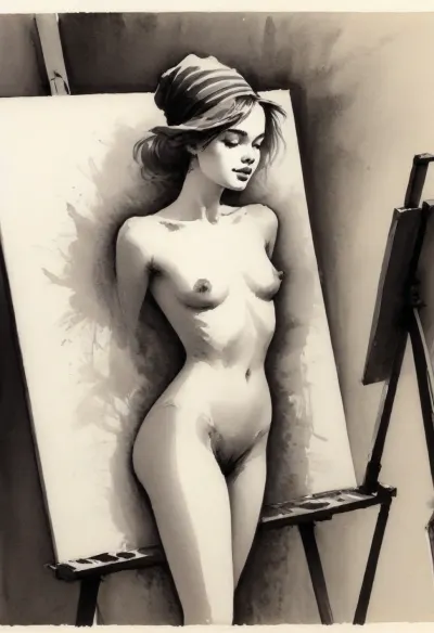 (style of watercolor and ink on pure cotton paper), 1920s theme, (black and white ink drawing scene of front nude woman who is painting at an easel), ((the image on the canvas is a vibrant woman with hat in various styles and colors)), drawix22, dwx22, <lora:Ink_and_watercolor_sketch:1.5>, <lora:watercolor_v1_sdxl:1.4>, <lora:drawix22:1>
