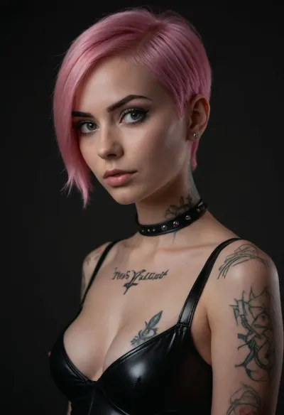 highly detailed image of a 20 years old slender woman, pink short hair, medium size breasts, tattoos, ((eyebrow piercing)), latex outfit, bare breast, she looks directly into the viewers eyes, professional photo studio, dark gray background, 3/4 view, (UHD, 4K, 8K)