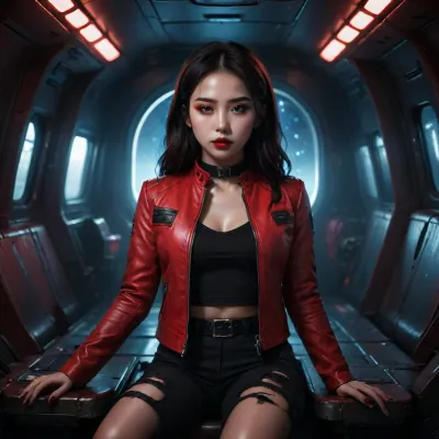 A beautiful Asian brunette woman, with black eye liner, bright red lipstick, wearing a futuristic red leather jacket with a black logo and ripped skinny jeans, sitting in the dimly lit cockpit of a futuristic space freighter interior, hundreds of glowing buttons and hologram displays dimly light the interior, she gives a seductive look towards the camera, theme, dark, chiaroscuro, low-key, <lora:zavy-cntrst-sdxl:.8>, kpop, <lora:Angelface_XL:.8>, alt, fashion, <lora:alt_fashion_v2:.8>