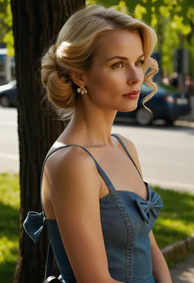 A secret vue of a totally normal and natural woman approximately 40yo, serene and natural, beautiful and gracefully aged, she is standing in deep thoughts waiting for the bus, it is summer and she is dressed classy and chique, her hair in a make-shift clamp-hairdo behind her head, bangs combed back and a few stray tendril hairs, slightly freckled, high cheekbones, Scandinavian everyday beautiful wife, laid-back pumps and 3/4 high-waist jeans, second-hand tote over her shoulder, tall and slender, elegant, blonde hair, subtle bow-shaped lips, detailed eyes, distant gaze contemplating, zoomed in hires photo, voyeur photo, sunny afternoon, springtime, trees starting to blossom, <lora:add-detail-xl:.8>