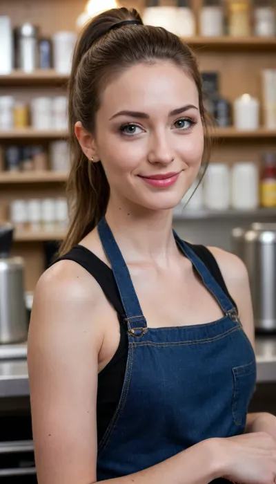 Show me an attractive 28-year-old barista, slender, small firm breasts, pale skin, (narrow triangular face), (very high forehead), straight light brown hair pulled back in a simple ponytail, (narrow nose), (small hoop nose ring), thin eyebrows, no makeup, (smirk), firm ass, black collared shirt, apron, blue jeans, medium shot