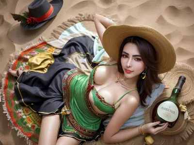 ((Bird's eye view)), A young, beautiful, wild, seductive, coquettish, slender, [Mexican], woman wearing a sombrero, a short Mexican colorful leather dress, Mexican jewelry, a gun belt and a cartridge belt, she dances and poses in front of a old Mexican in the Mexican desert with a bottle of tequila by midnight with long shadow, very detailed, deep depth of field, ultra-high resolution, natural skin, flat small breasts, soft face and body, soft shining skin, face closeup, Sharpened, Parallax, Candlelight, Overexposure, (She plays romantically with her hair), full body view, zoom out for full body view