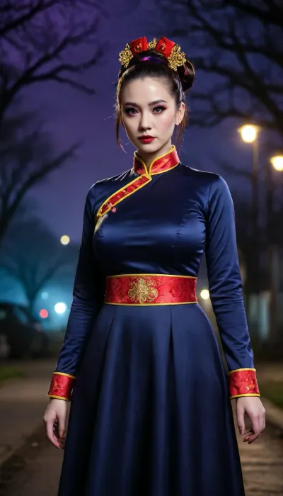 A beautiful chinese woman in a stylized&nbsp;Chinese-inspired costume, black satin dress with a red trim, and a&nbsp;traditional topknot.&nbsp;The dress has a mandarin collar, long sleeves, and a slightly flared, A-line skirt.&nbsp;A red patterned sash cinches the waist.&nbsp;She wears a top hat-like cap, and three gold/yellow rectangular objects are affixed to her forehead.&nbsp;The background is a&nbsp;night scene with out-of-focus figures in dark clothes, suggesting a horror or supernatural setting.&nbsp;The background depicts blurry figures who appear to be zombies or ghouls, standing in front of a dark vehicle.&nbsp;The color palette is predominantly blues, purples, and deep blacks, with a touch of vibrant red accents. The lighting is dramatic and atmospheric, creating an impressionistic effect. The overall aesthetic is a blend of&nbsp;fantasy and horror, she have plump and very big breasts, <lora:milkers_v2:.5>, .