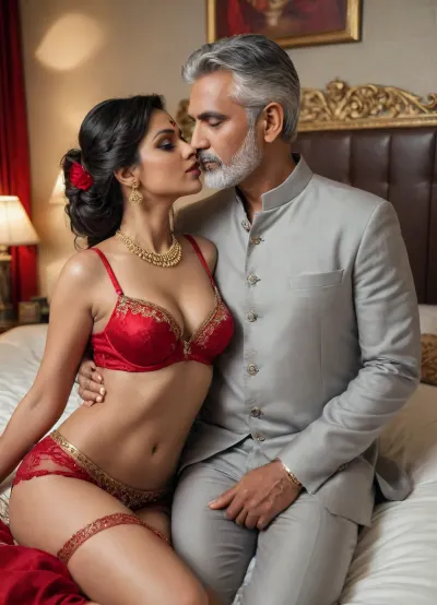 A hyper-realistic image of a glamorous Indian couple on a bed in an intimate pose. The woman is wearing a red embellished lingerie set with traditional Indian jewelry including a maang tikka, necklace, bangles, and earrings. Her makeup is bold and elegant, and her hair is styled in an ornate updo. The man has a mature appearance with grey hair and a beard, gently embracing and kissing her. The scene is softly lit, set in a modern bedroom with a romantic, luxurious vibe.” cinematic.", view alutrawide angle, wide angle, full extra wide angle, full portrait, 4k details, extra detail, soft hands, sober face