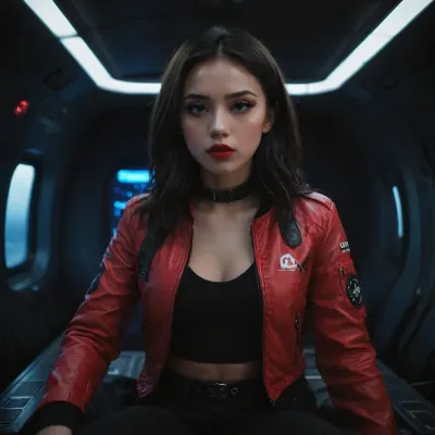 A beautiful Asian brunette woman, with black eye liner, bright red lipstick, wearing a futuristicspace jacket with a black logo and ripped skinny jeans, sitting in the dimly lit cockpit of a futuristic space freighter interior, hundreds of glowing buttons and hologram displays dimly light the interior, she gives a seductive look towards the camera, theme, dark, chiaroscuro, low-key, alt, fashion, <lora:zavy-cntrst-sdxl:1>, <lora:alt_fashion_v2:.8>, <lora:256210_training_data:1.8>, incase, style, <lora:287175_training_data:.8>
