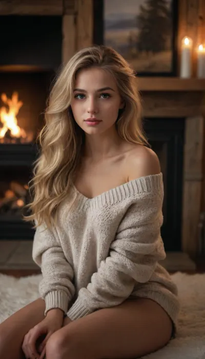 photorealistic, masterpiece, best quality, raw photo, lovely cute young attractive girl, 1girl, long hair, detailed eyes and face, 19 years old, an Instagram model, long blonde_hair, full_body, slim body, beautiful legs, beautiful pose, gorgeous girl, off-shoulder sweater, cozy cabin, snowy landscape, roaring fireplace, mugs, casual glamour, tousled hair, Russian skin