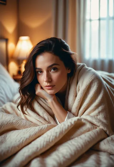 full portrait, soft warm light, in bed, cozy, laying under a blanket
