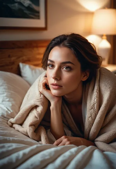full portrait, soft warm light, in bed, cozy, laying under a blanket